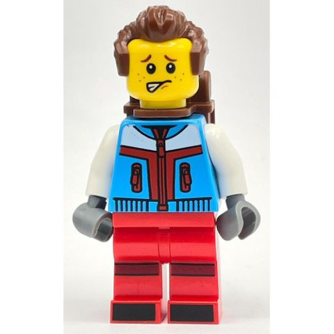 Minifigurka LEGO Skier, Azure and Red Suit, Reddish Brown Backpack and Hair