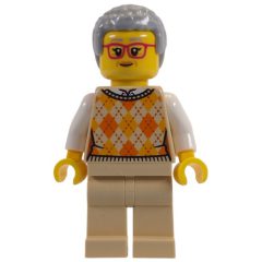 Minifigurka LEGO Tan Torso, Tan Legs, Light Bluish Grey Hair, Red Glasses