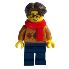 Minifigurka LEGO Medium Nougat Torso, Dark Blue Legs, Dark Brown Hair, Red Scarf
