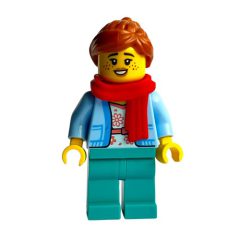 Minifigurka LEGO Bright Light Blue, Dark Turquoise Legs, Dark Orange Hair, Red Scarf