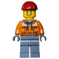 Minifigurka LEGO Construction Worker, Safety Jacket over Hoodie with Belt, Sand Blue Legs, Red Hard Hat