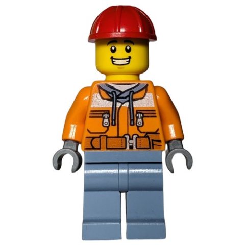 Minifigurka LEGO Construction Worker, Safety Jacket over Hoodie with Belt, Sand Blue Legs, Red Hard Hat