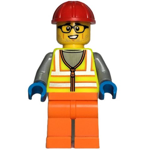 Minifigurka LEGO Construction Worker, Vibrant Yellow Safety Vest, Orange Legs, Red Hard Hat