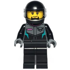 Minifigurka LEGO Race Driver, Black Racing Suit and Helmet with Visor, Goatee