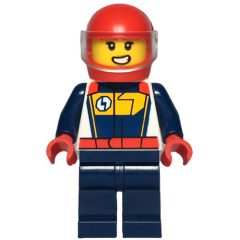 Minifigurka LEGO Race Driver, Dark Blue and White Racing Suit, Red Helmet with Visor