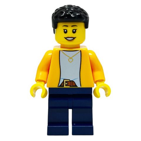 Minifigurka LEGO Bright Orange Torso, Dark Blue Legs, Black Hair, Hearing Aid