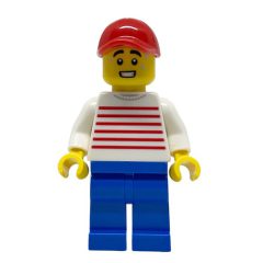Minifigurka LEGO White Striped Torso, Blue Legs, Red Cap