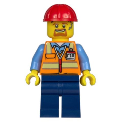 Minifigurka LEGO Construction Worker, Orange Safety Vest, Dark Blue Legs, Red Hard Hat, Goatee