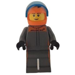 Minifigurka LEGO Race Driver - Dark Bluish Grey Racing Suit, Orange Helmet