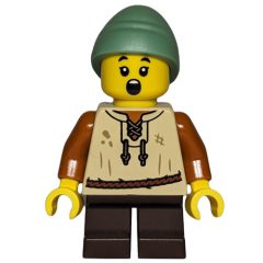 Minifigurka LEGO Kid, Tan Torso, Dark Brown Legs, Sand Green Hat