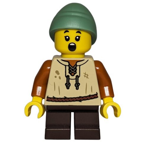 Minifigurka LEGO Kid, Tan Torso, Dark Brown Legs, Sand Green Hat