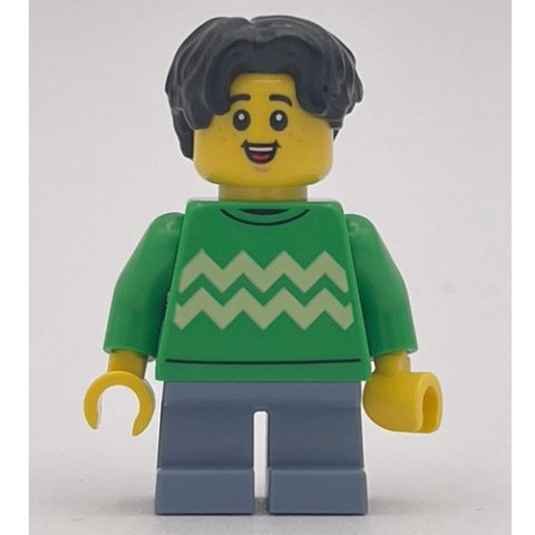 Minifigurka LEGO Kid, Bright Green Torso, Sand Blue Legs, Black Hair
