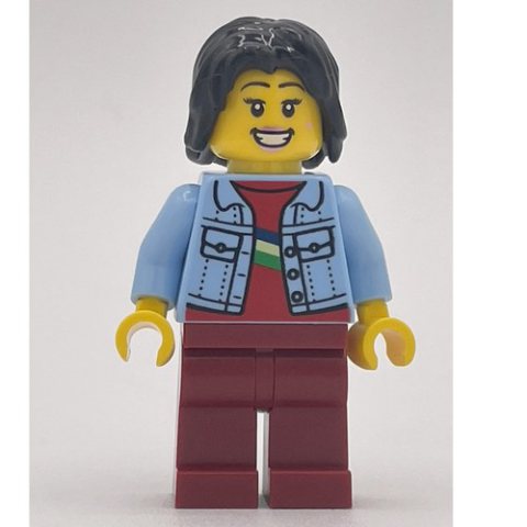 Minifigurka LEGO Bright Light Blue Torso, Dark Red Legs, Black Hair