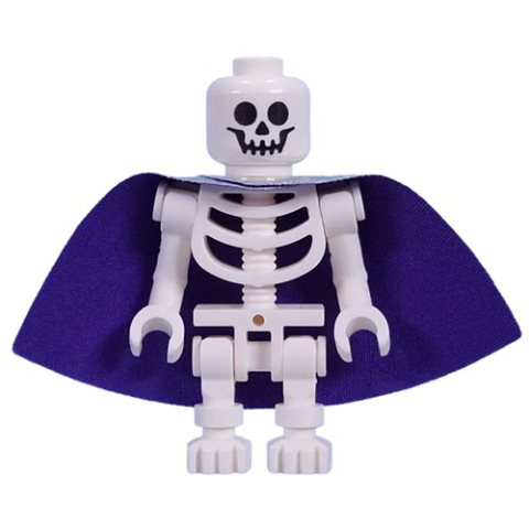 Minifigurka LEGO Skeleton, Standard Face, Bent Arms, Vertical Hand Clips, 78132 Torso, Cape