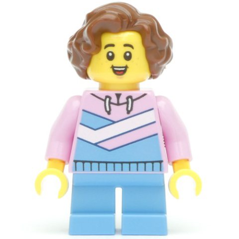 Minifigurka LEGO Kid, Bright Pink Torso, Bright Light Blue Legs, Reddish Brown Hair