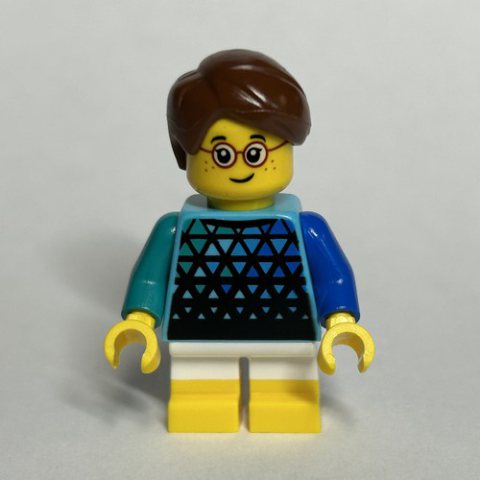 Minifigurka LEGO Kid, Medium Azure Torso, White Legs with Yellow Feet, Reddish Brown Hair