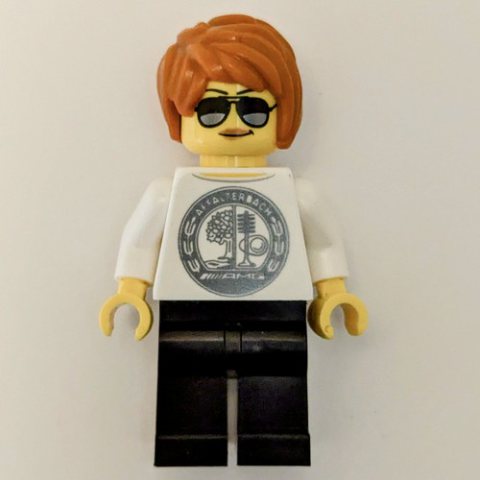 Minifigurka LEGO Race Driver - White Torso, Black Legs, Dark Orange Hair