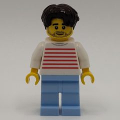 Minifigurka LEGO White Striped Torso, Bright Light Blue Legs, Dark Brown Hair
