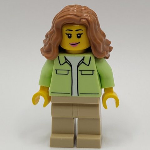 Minifigurka LEGO Yellowish Green Torso, Tan Legs, Medium Nougat Hair