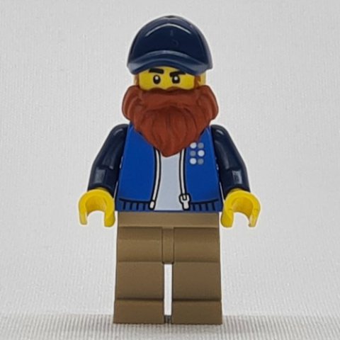 Minifigurka LEGO Man, Dark Azure Jacket, Dark Tan Legs, Dark Blue Hat, Dark Orange Beard