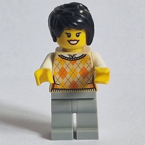 Minifigurka LEGO Woman, Tan Argyle Sweater Vest, Light Bluish Gray Legs