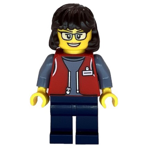 Minifigurka LEGO LEGO Employee, Red Jacket, Dark Blue Legs, Glasses