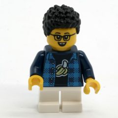 Minifigurka LEGO Boy, Dark Blue Plaid Shirt, Short White Legs, Glasses