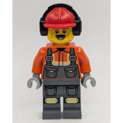 Minifigurka LEGO Construction Worker, Dark Orange Shirt, Dark Bluish Gray Legs, Red Hard Hat with Ear Protection