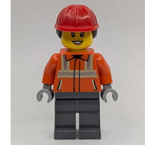 Minifigurka LEGO Construction Worker, Reddish Orange Jacket, Red Hard Hat with Ponytail