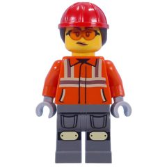 Minifigurka LEGO Construction Worker, Reddish Orange Jacket, Red Hard Hat with Ponytail