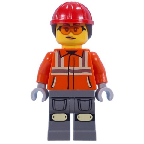 Minifigurka LEGO Construction Worker, Reddish Orange Jacket, Red Hard Hat with Ponytail