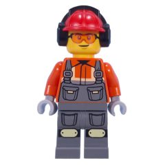 Minifigurka LEGO Construction Worker, Reddish Orange Jacket, Overall, Red Hard Hat with Ear Protection