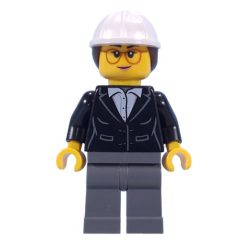 Minifigurka LEGO Construction Supervisor, Black Jacket, White Hard Hat with Ponytail