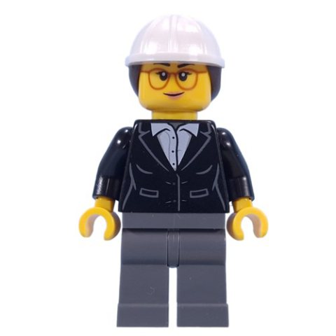 Minifigurka LEGO Construction Supervisor, Black Jacket, White Hard Hat with Ponytail