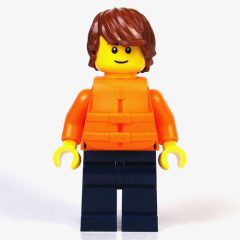 Minifigurka LEGO Just Jason, Orange Torso, Dark Blue Legs, Reddish Brown Hair, Orange Life Vest