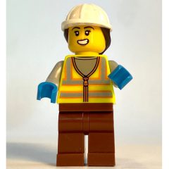 Minifigurka LEGO Harbor Worker, Vibrant Yellow Safety Vest, Reddish Brown Legs, White Helmet with Ponytail, Orange Life Vest