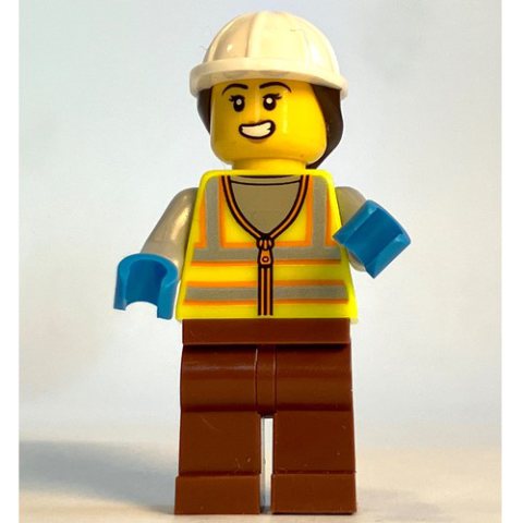 Minifigurka LEGO Harbor Worker, Vibrant Yellow Safety Vest, Reddish Brown Legs, White Helmet with Ponytail, Orange Life Vest