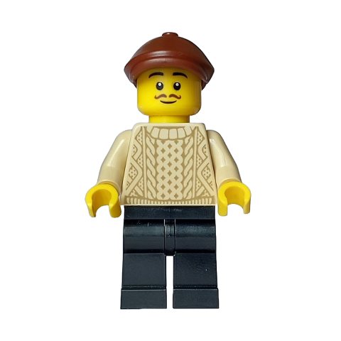 Minifigurka LEGO Painter - Tan Torso, Black Legs, Reddish Brown Cap