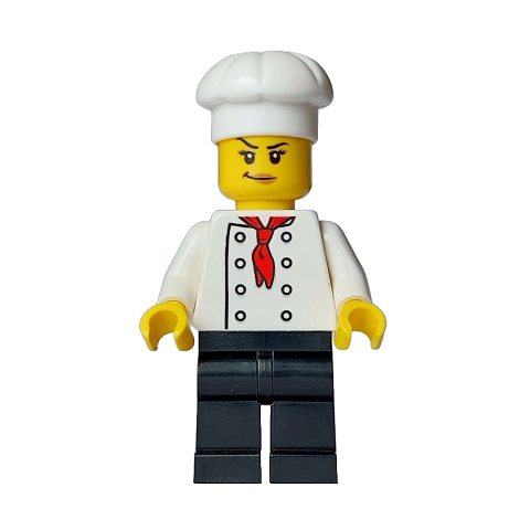 Minifigurka LEGO Chef - White Torso, Black Legs, White Hat, Red Scarf, White Hat