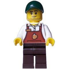 Minifigurka LEGO Bakery / Boulangerie Owner - Reddish Brown Apron, Dark Brown Legs, Dark Green Cap