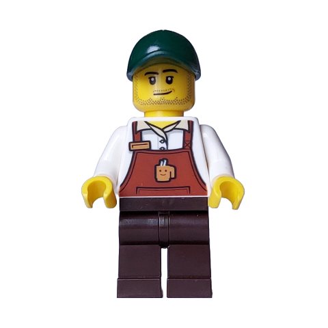 Minifigurka LEGO Bakery / Boulangerie Owner - Reddish Brown Apron, Dark Brown Legs, Dark Green Cap