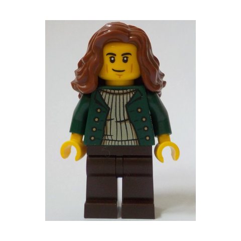 Minifigurka LEGO General Store Customer, Dark Green Torso, Dark Brown Legs, Reddish Brown Hair