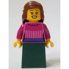 Minifigurka LEGO General Store Customer, Dark Pink Torso, Dark Green Dress, Reddish Brown Hair