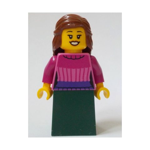 Minifigurka LEGO General Store Customer, Dark Pink Torso, Dark Green Dress, Reddish Brown Hair