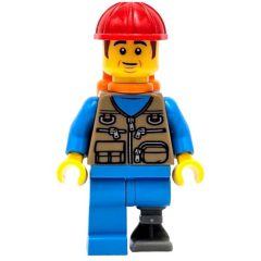Minifigurka LEGO Train Work, Dark Tan Torso, Dark Azure Legs, Prosthetic Leg, Red Hat, Orange Air Tanks