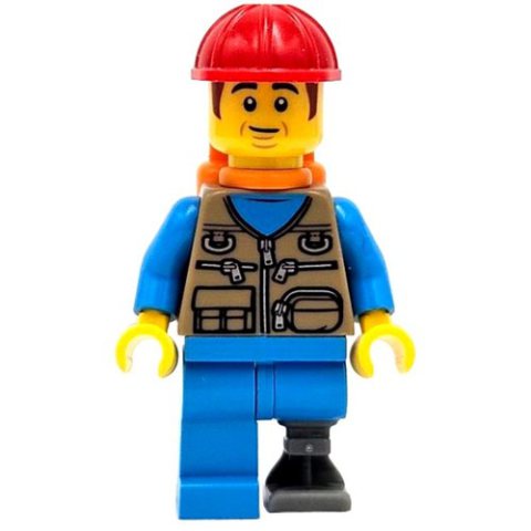 Minifigurka LEGO Train Work, Dark Tan Torso, Dark Azure Legs, Prosthetic Leg, Red Hat, Orange Air Tanks