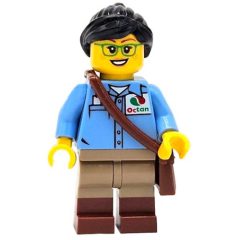 Minifigurka LEGO Train Worker, Medium Blue Torso, Dark Tan Legs, Reddish Brown Boots, Black Hair