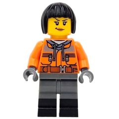 Minifigurka LEGO Train Worker, Orange Torso, Dark Bluish Grey Legs, Black Boots, Black Hair