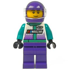 Minifigurka LEGO Race Driver, Dark Turquoise, White, and Dark Purple Race Suit, Dark Purple Helmet