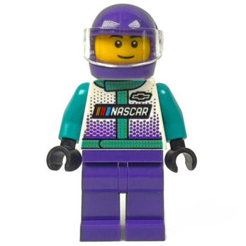 Minifigurka LEGO Race Driver, Dark Turquoise, White, and Dark Purple Race Suit, Dark Purple Helmet